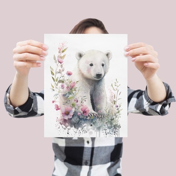 Floral Polar Bear Watercolor Wall Art Illustration Print Poster Unframed - Picture 4 of 8